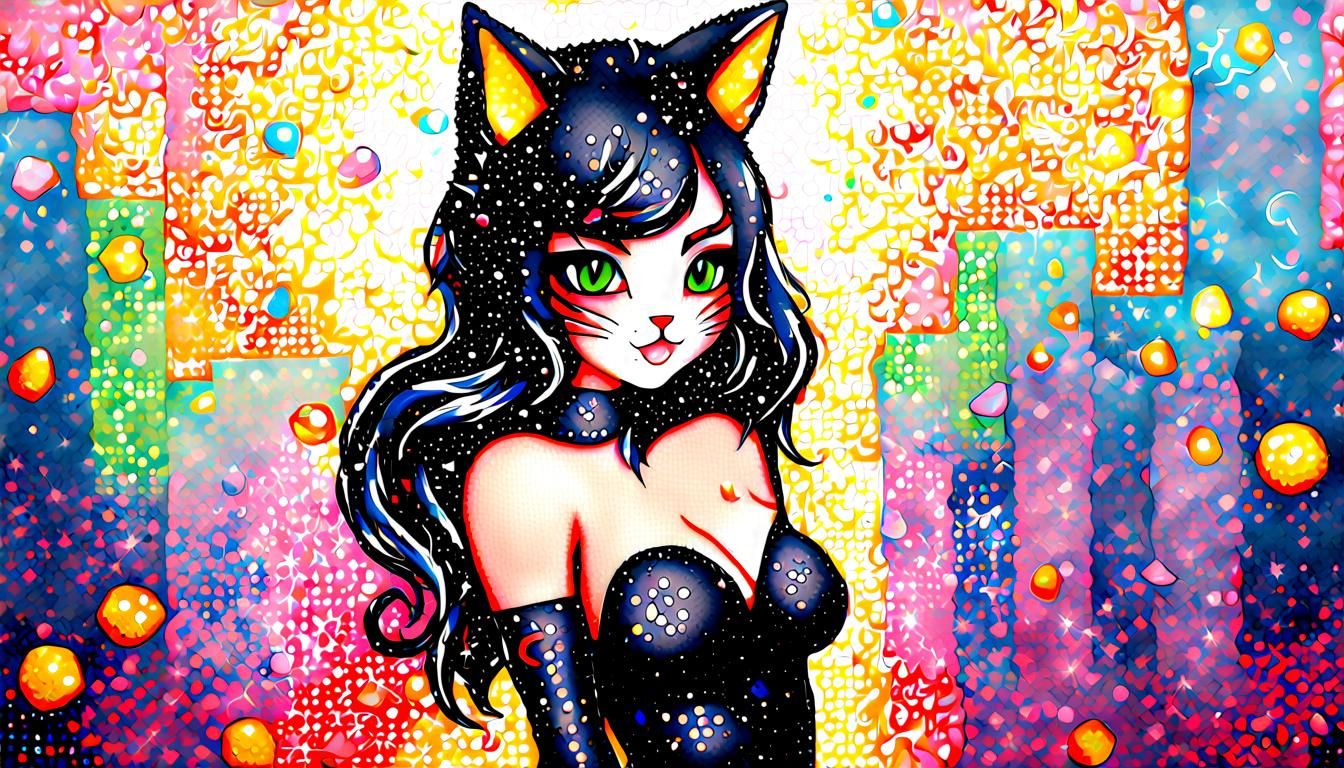 Chibi Cat-Woman in Pointillist Acrylic Painting