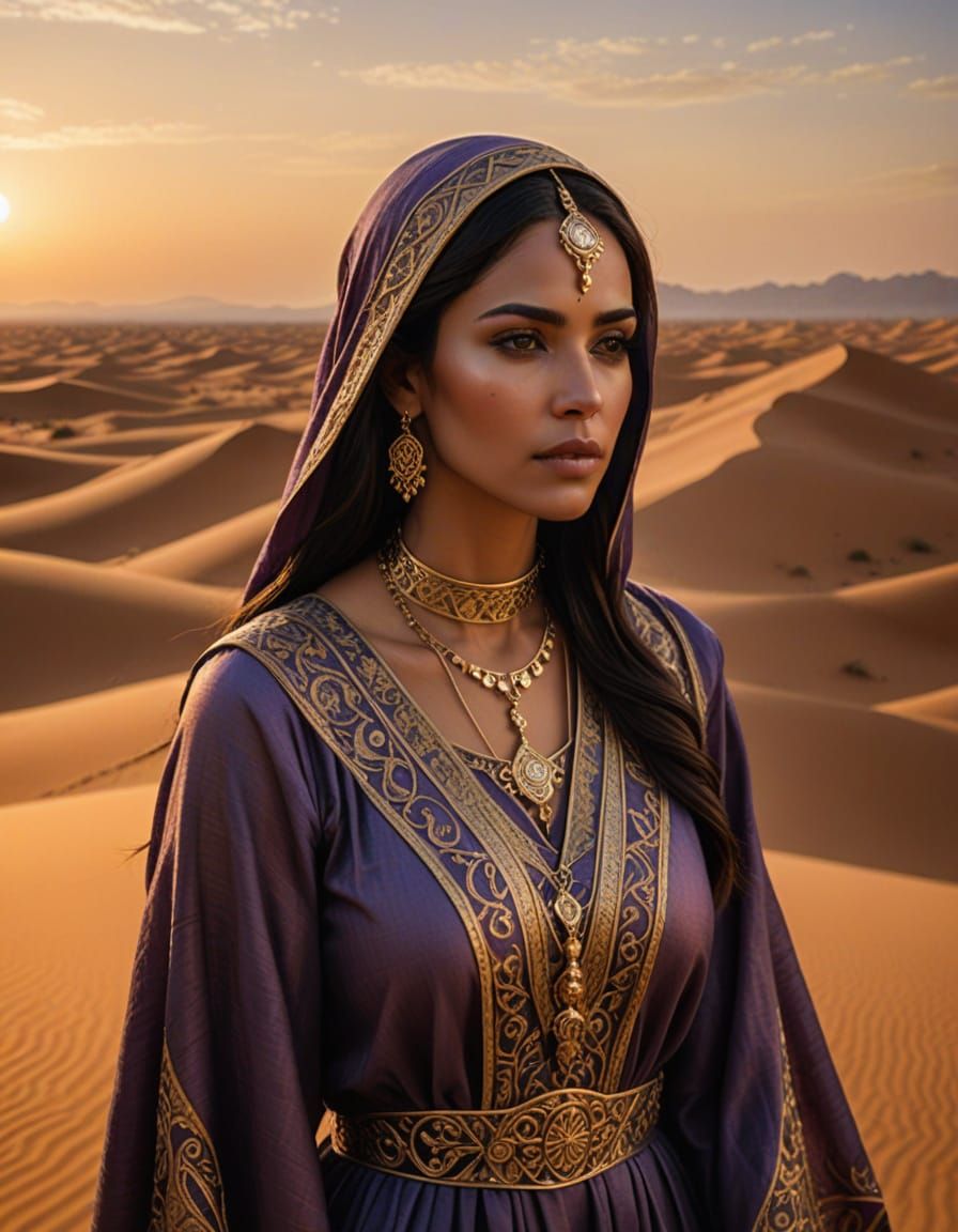 Arabian Woman in Desert Golden Hour Oil Painting
