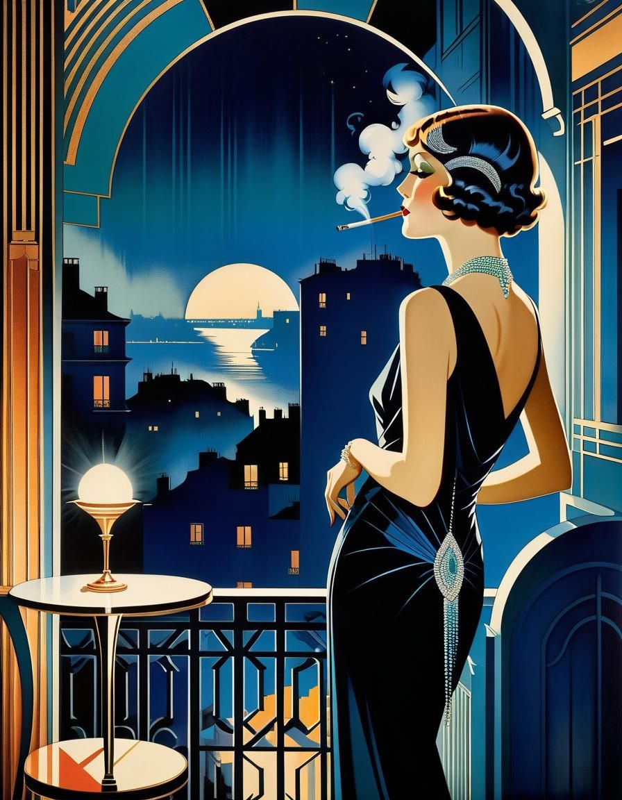 Glamorous Woman Smoking: Art Deco Parisian Night