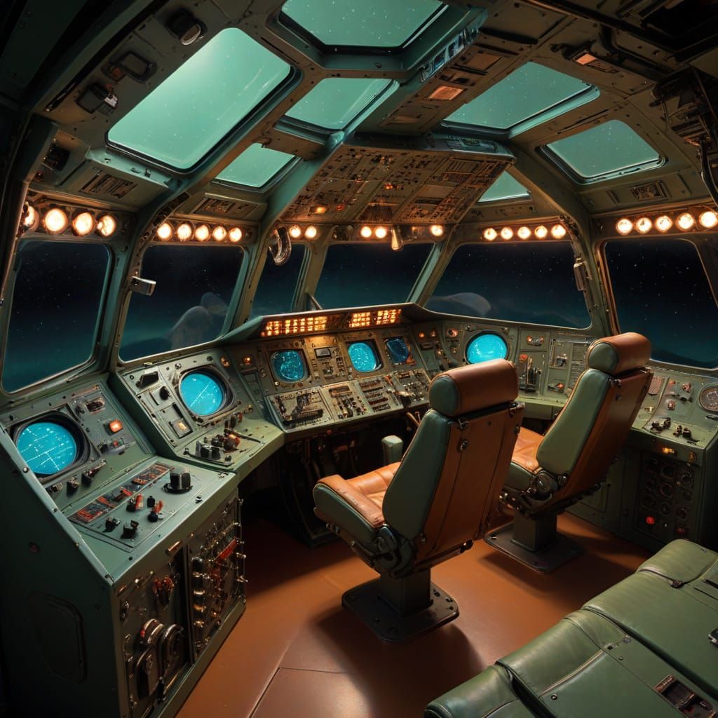Vintage Spacecraft Cockpit with Analog Instruments and Leath...