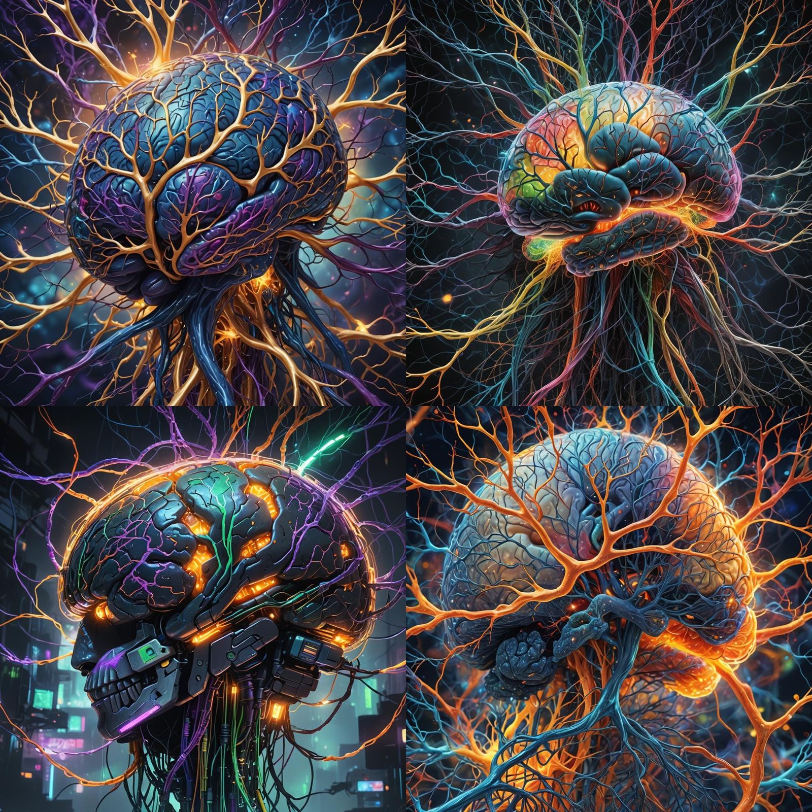 Brain with Multicolor Neuron Fibers in Detailed Matte Painti...