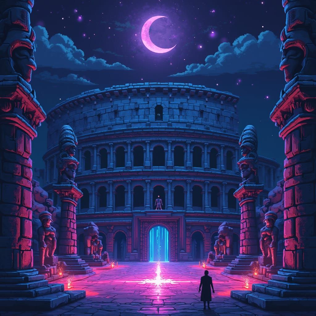 16-Bit Pixel Art Colosseum Under Cosmic Night Sky