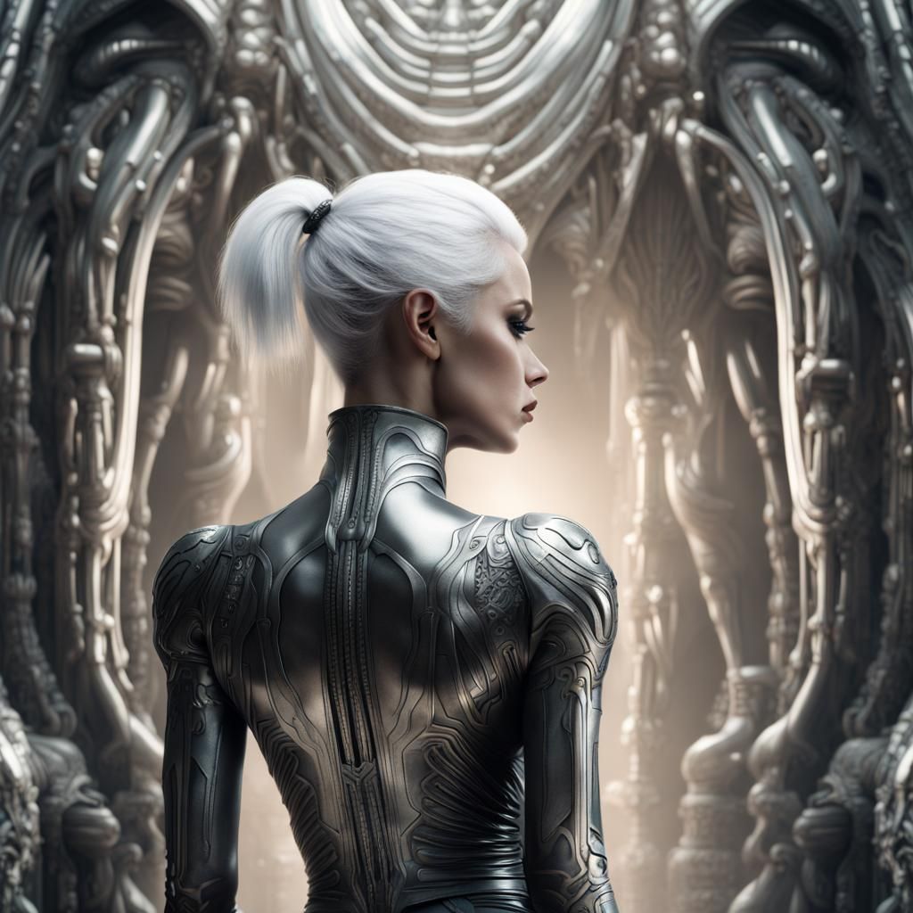 Woman in Metal Outfit Staring at Giger Art