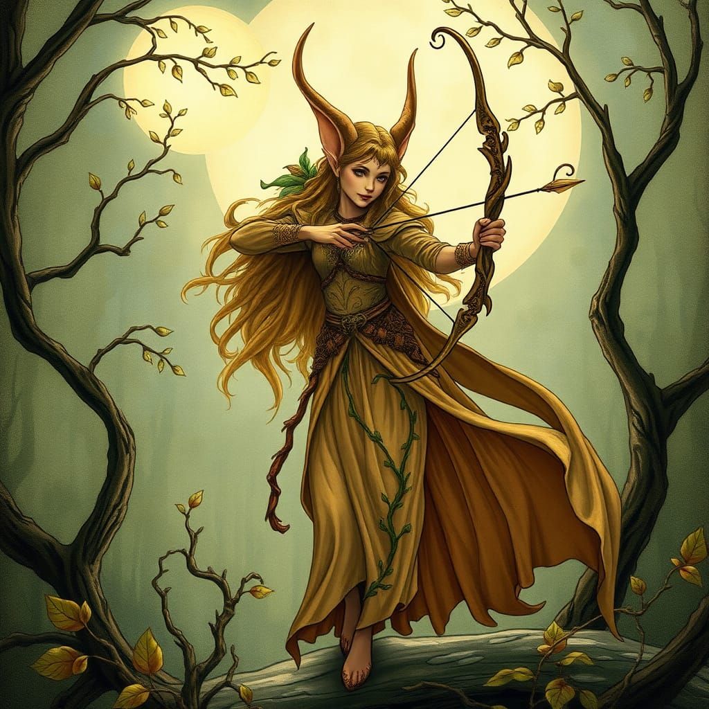 Woodland Elf with Bow in Art Nouveau Style