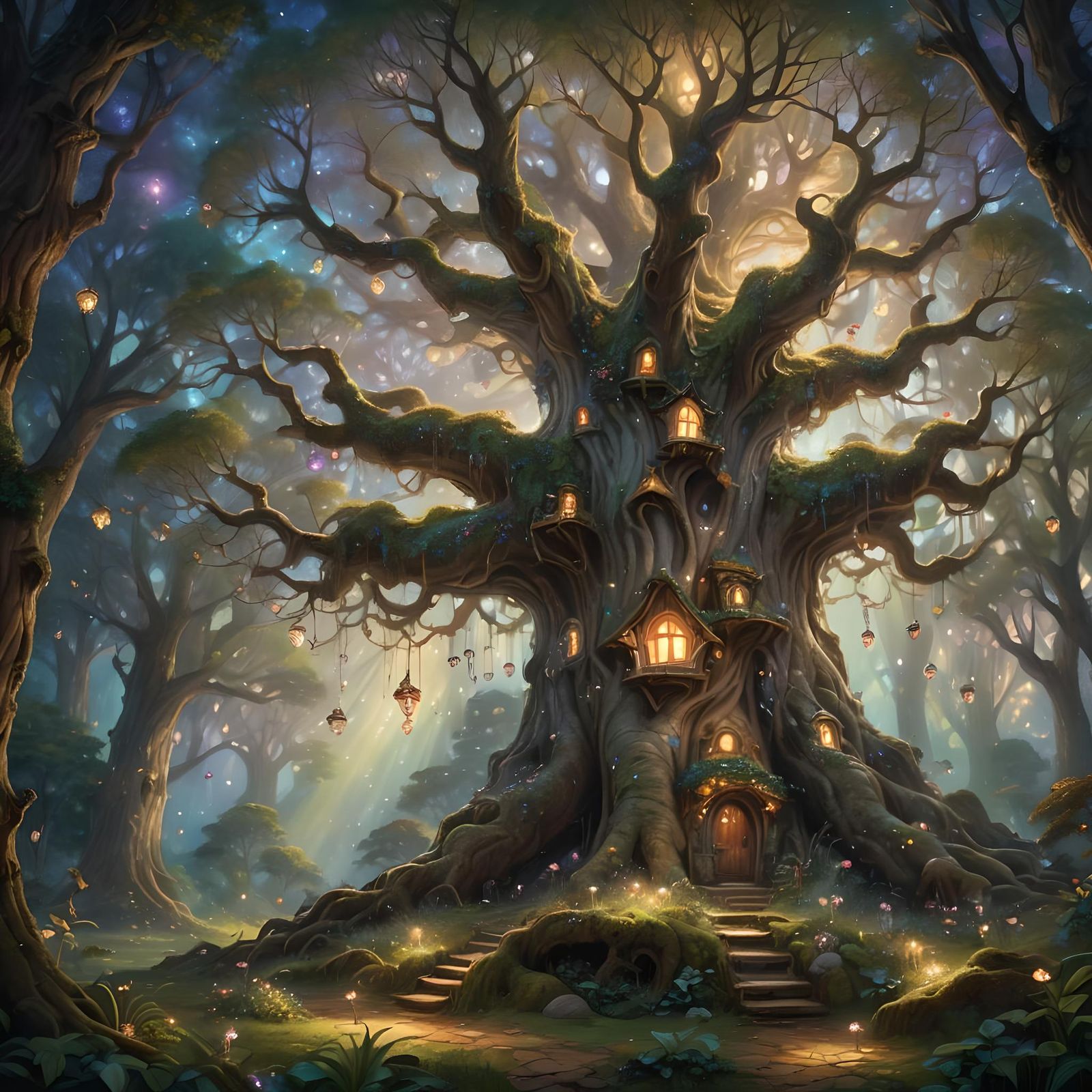 Enchanted Forest: Ancient Tree and Fairy Village