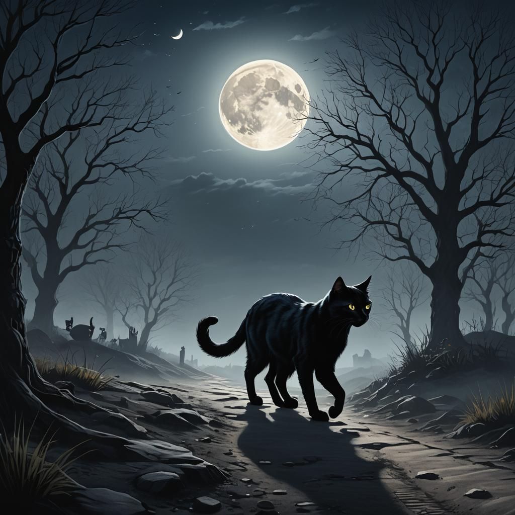 Black Cat Under Moon in Dark Fantasy Style