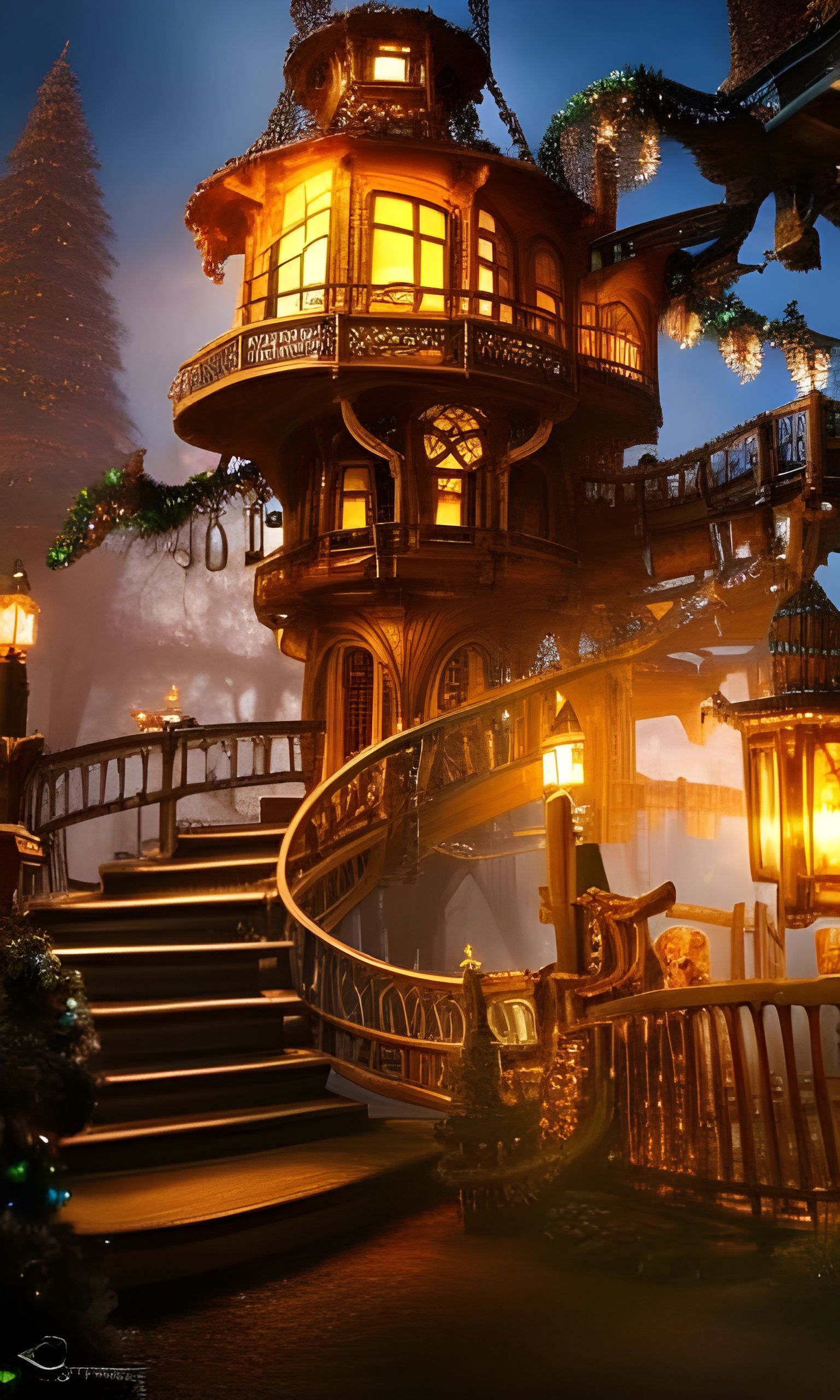 Steampunk Christmas Treehouse with Fiery Waterfall