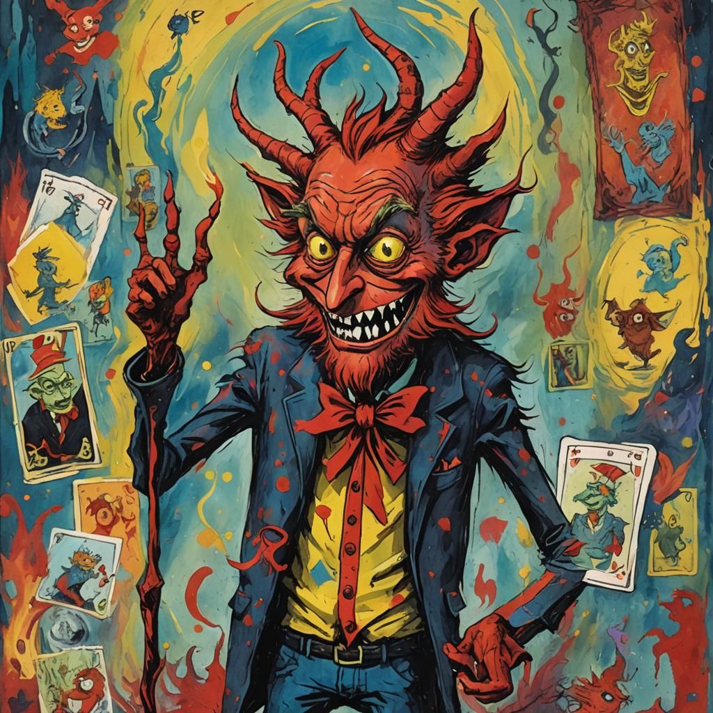Dr. Seuss Devil Tarot Card in Gouache Style