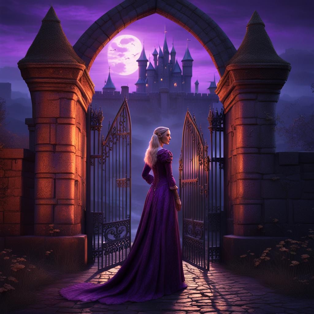 Blonde Vampire Near Castle Gates in Fantasy Art
