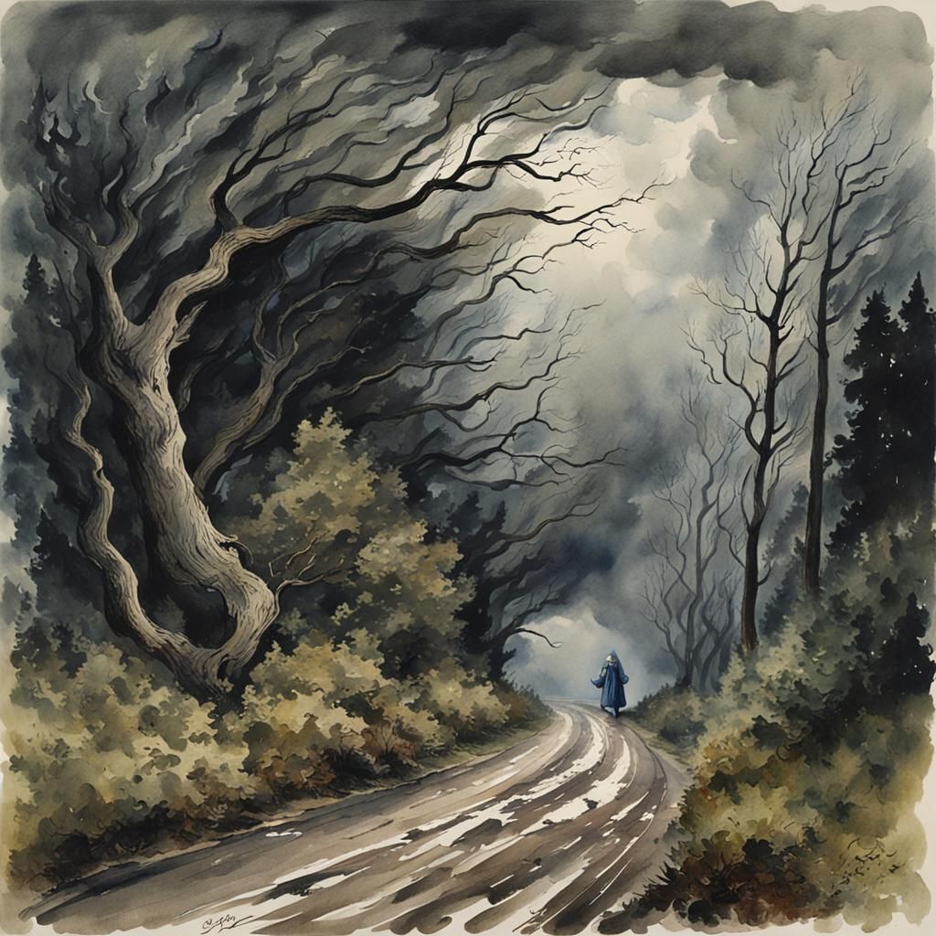 Mysterious Woman in Dark Forest Watercolor Painting