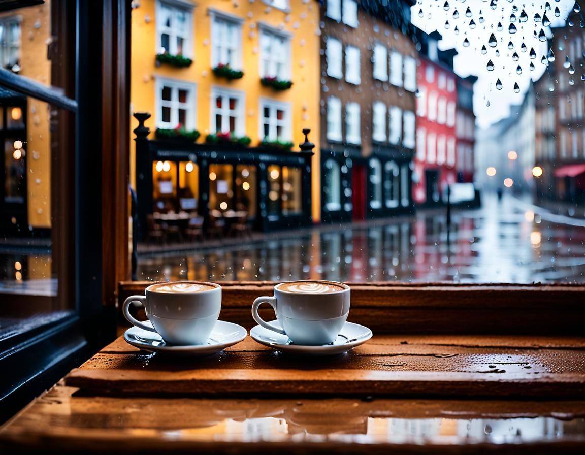 Coffee Shop Window Scene in Rainy Old Town