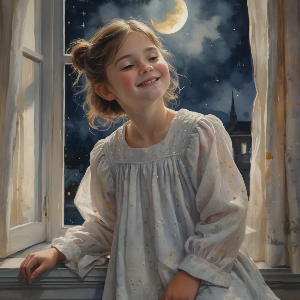 Ethereal Nighttime Masterpiece: Little Girl's Dreamy Encount...