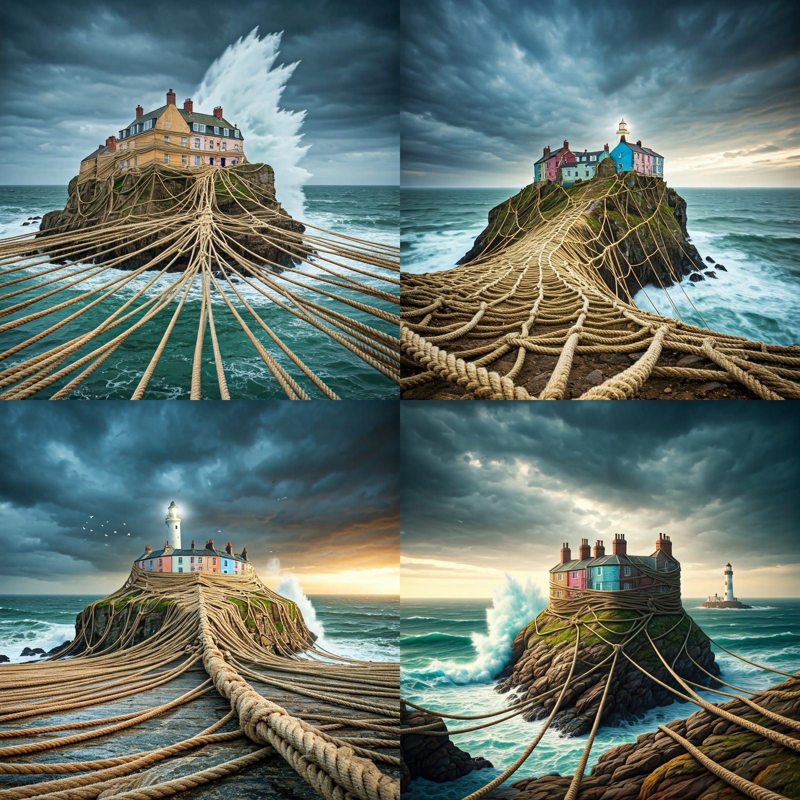 Pastel Houses Secured by Ropes on Stormy Island