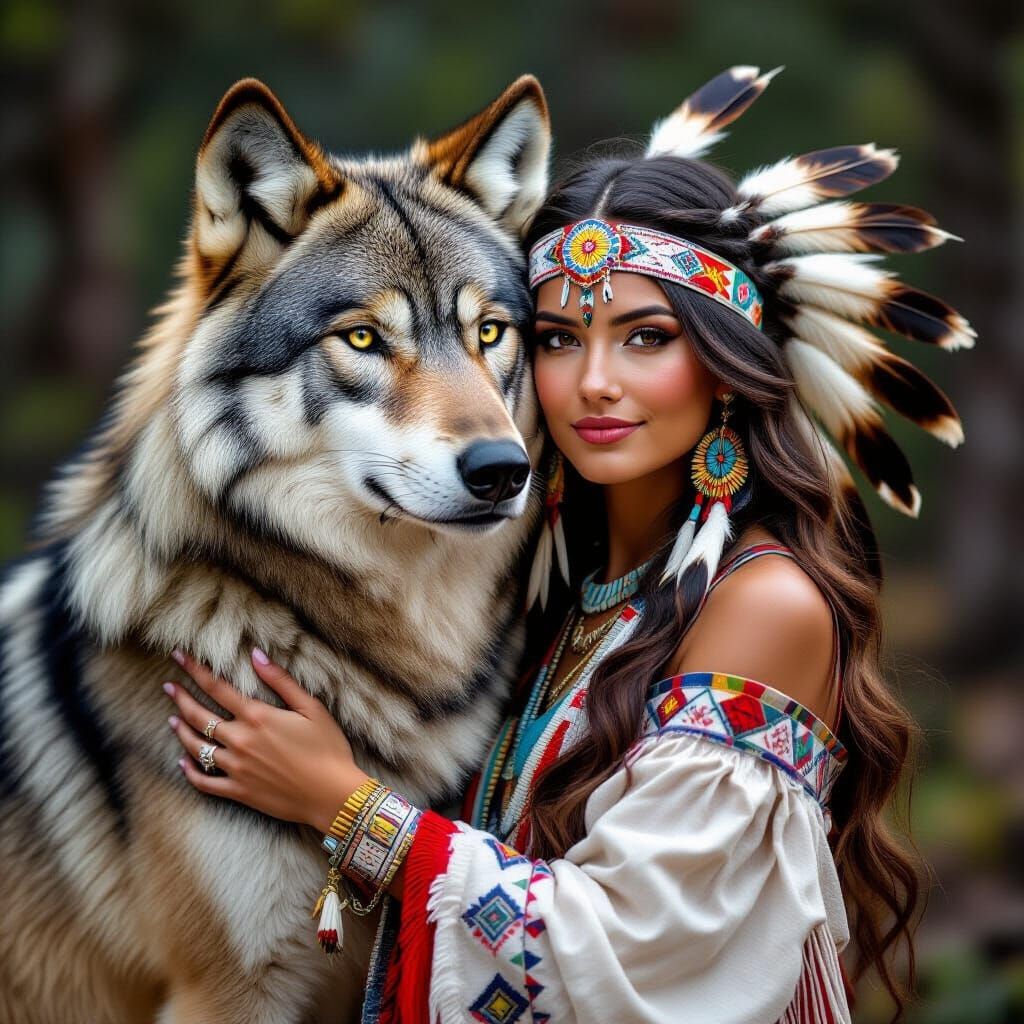 Wolf and Indigenous Woman Embrace, HDR Masterpiece
