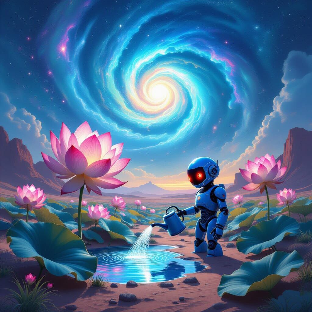 Surreal Desert With Bioluminescent Lotus And Robot