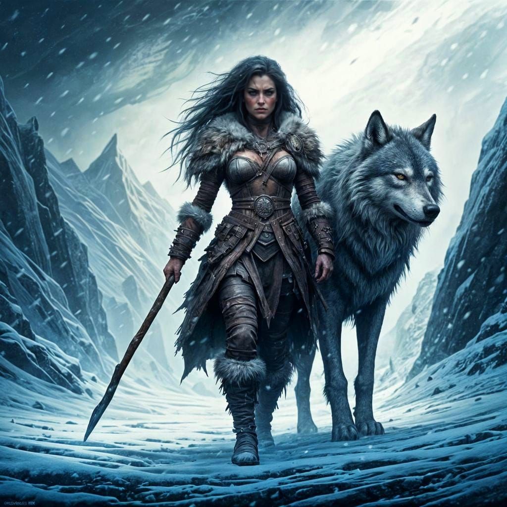 Barbarian Woman and Dire Wolf in Frozen Landscape