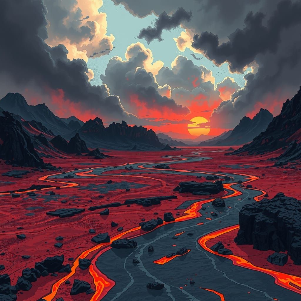 Dystopian Mustafar Landscape in Dark, Gritty Comic Book Styl...