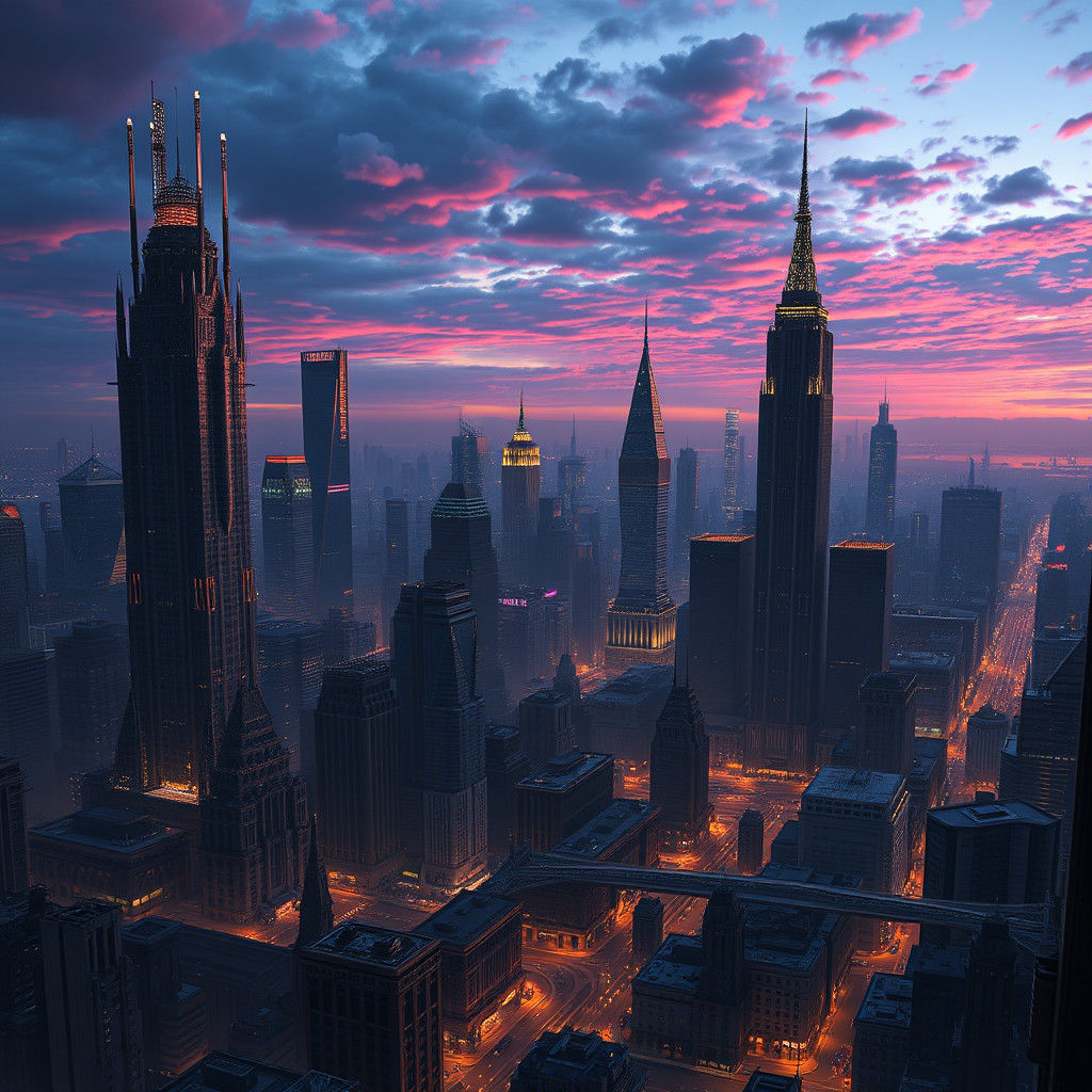 Majestic Cityscape at Dusk in Futuristic Style