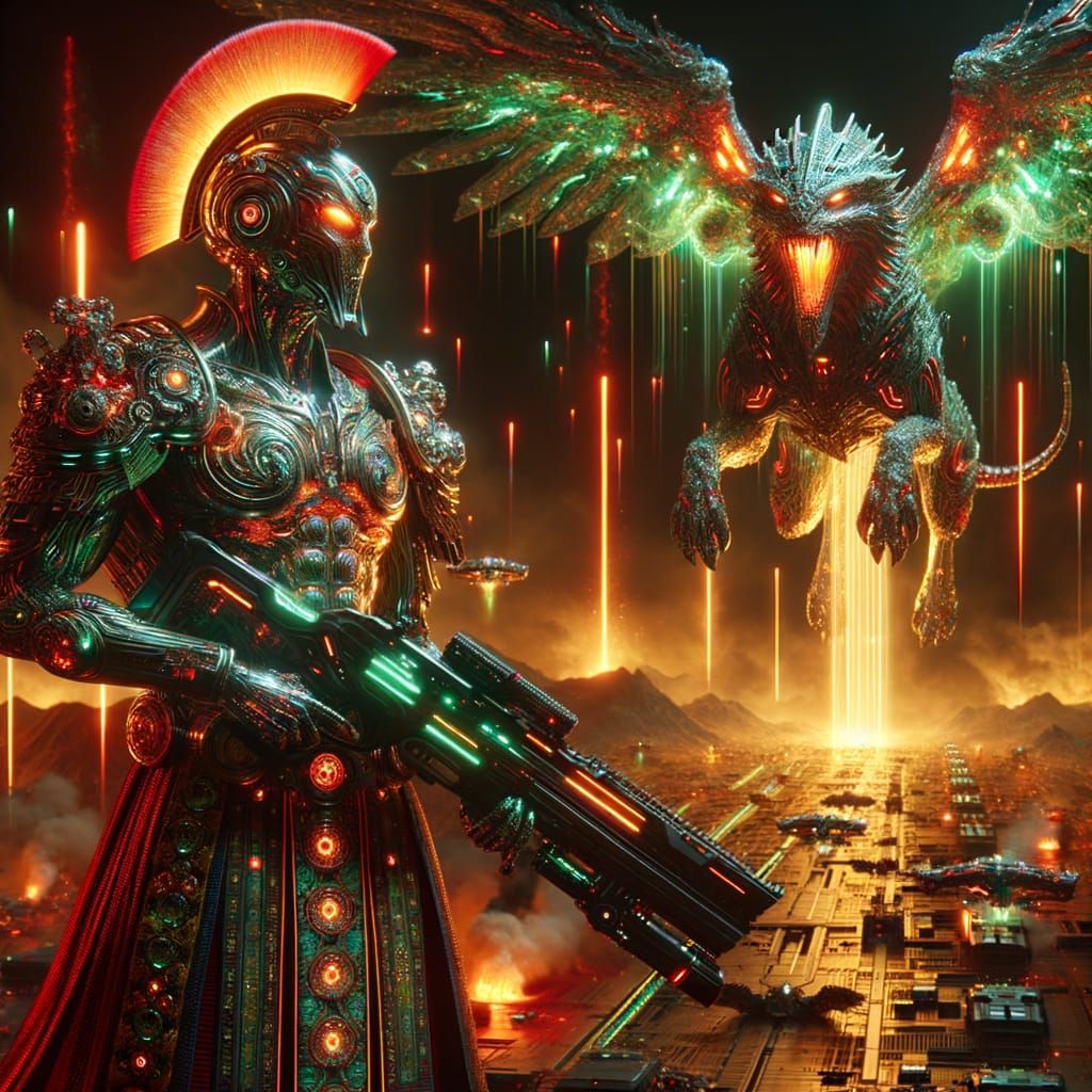 Alien Emperor on Sphinx with Futuristic Rifle