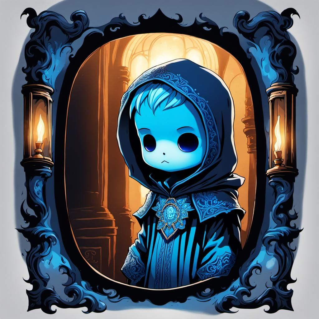 Vibrant Ink Drawing of Ghostly Child in Mirror