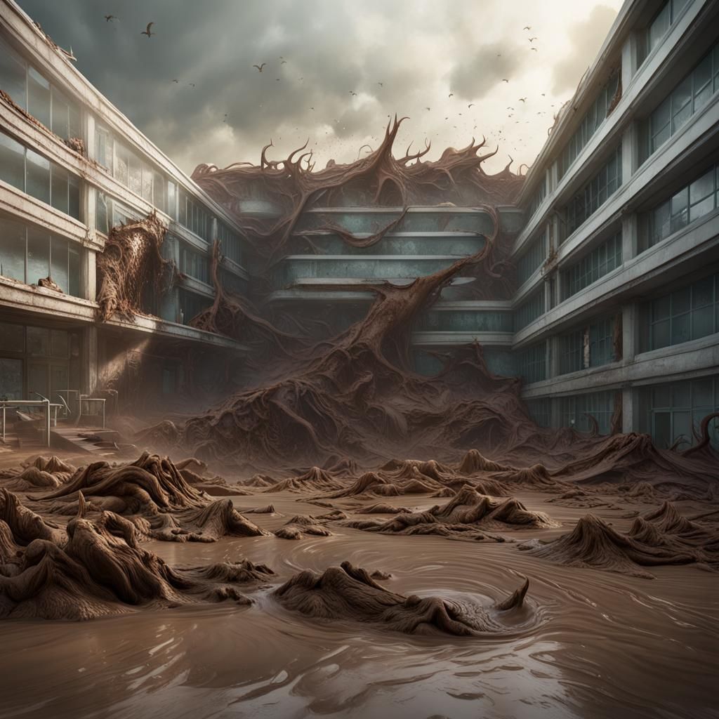 tidal wave of mud slamming into a hospital