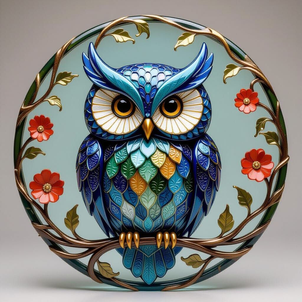 Molten Glass Owl Motif with Botanical Ornamentation