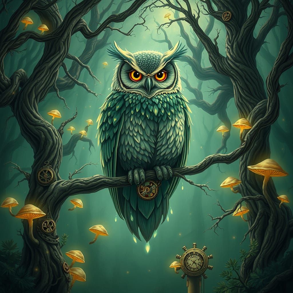 Majestic Owl in Steampunk Forest with Ethereal Glow