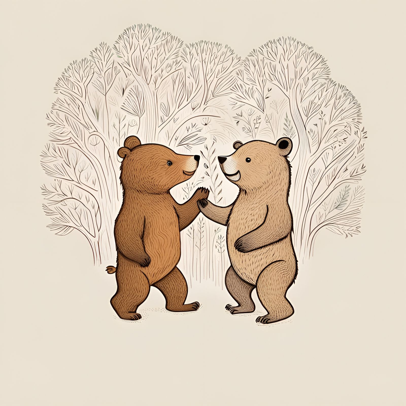 Happy Bear Cubs Playing in Forest, Art Brut Style