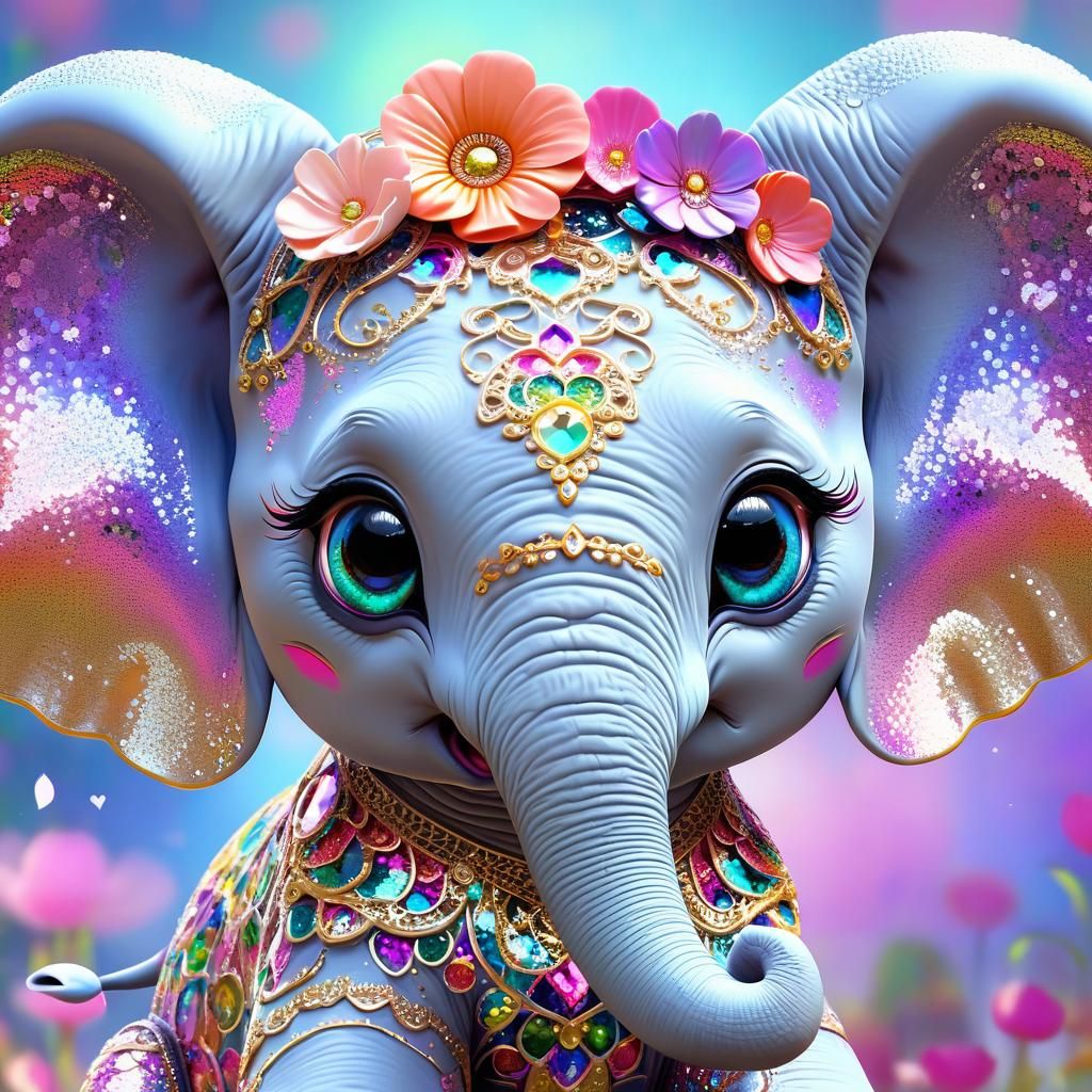 Cute Magical Elephant Calf with Sequins and Flowers