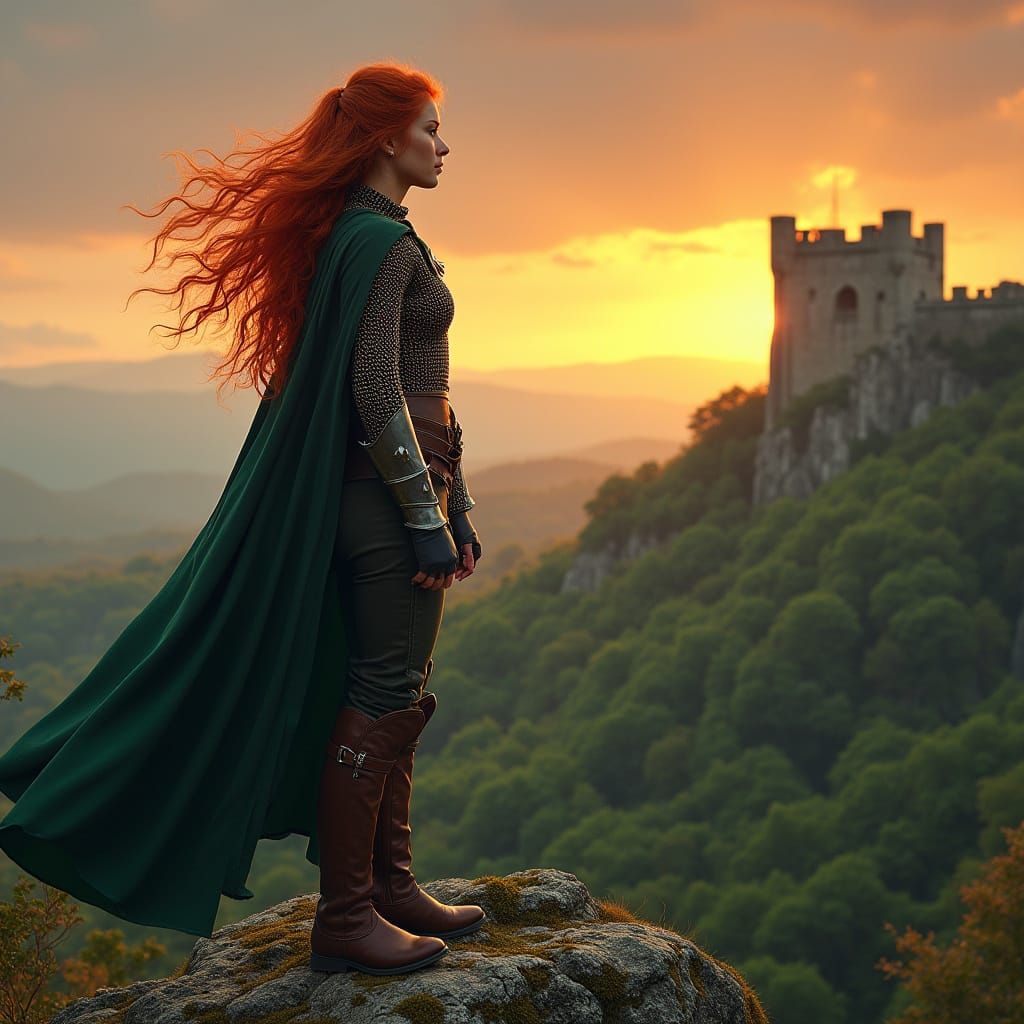 Fiery Redhead Stands Amidst Ancient Landscape in Chainmail A...