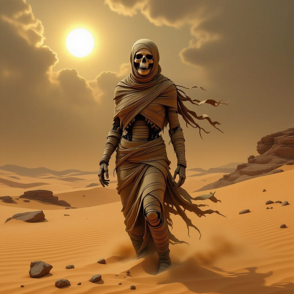 Mummy Skeleton in Desert Storm, Surreal Art