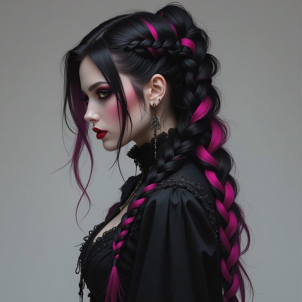 Gothic Braided Hairstyle with Pink and Black Streaks