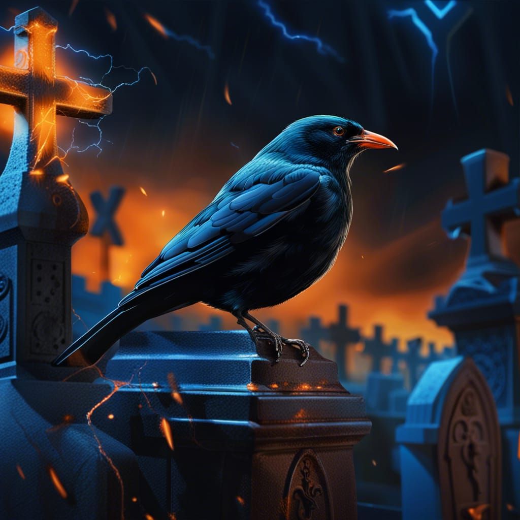 Hyperrealistic Blackbird in Cemetery with Lightning