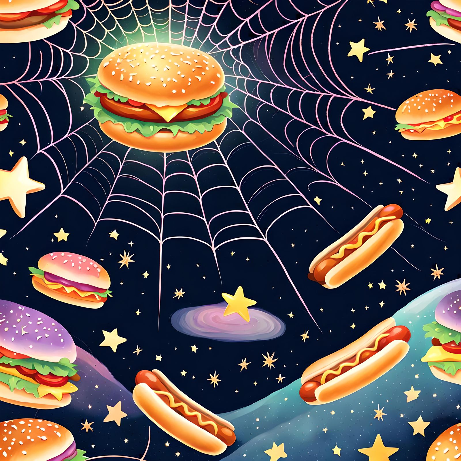 Dancing Hamburger and Hotdog in Starry Spiderweb