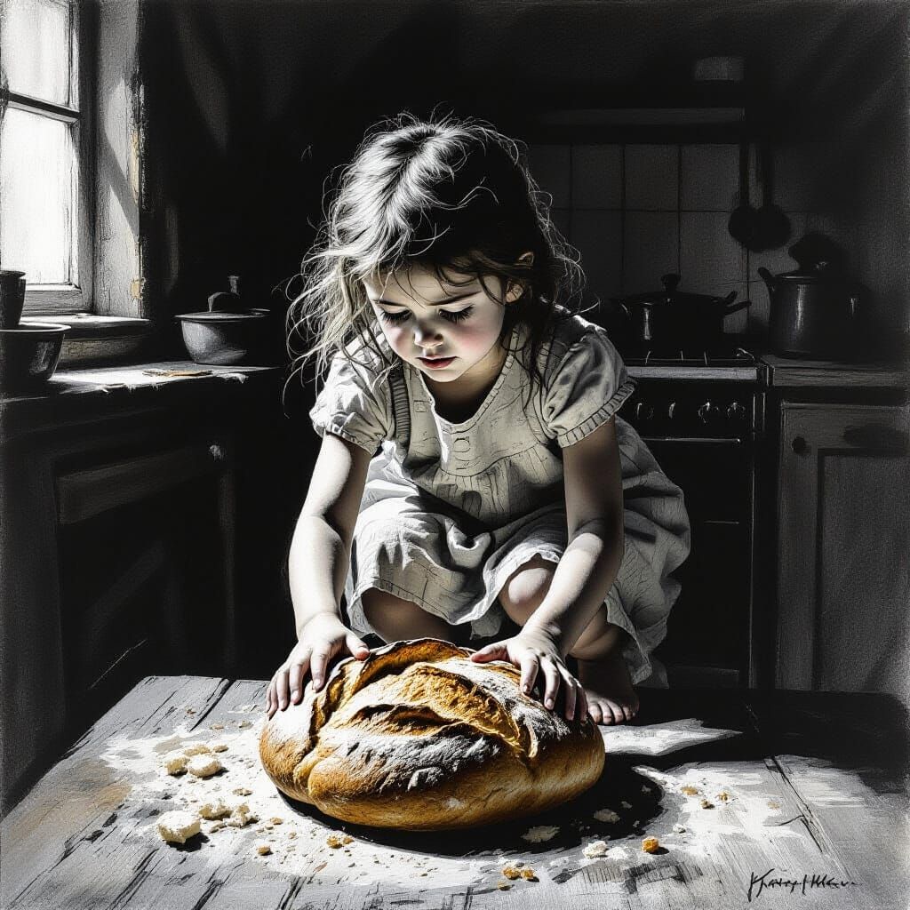 Girl Treading Bread in Rustic Kitchen Charcoal Drawing