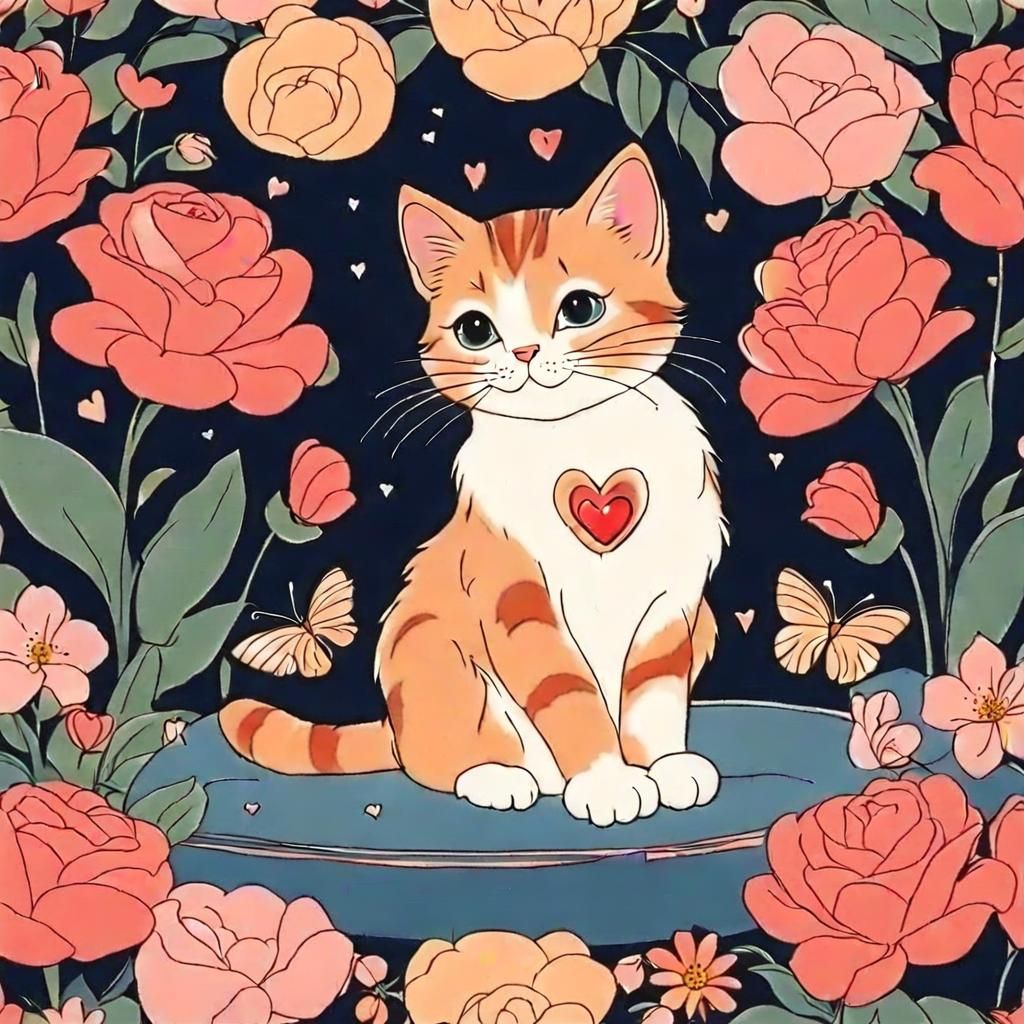 Cute Cat Surrounded by Flowers in Animation Style