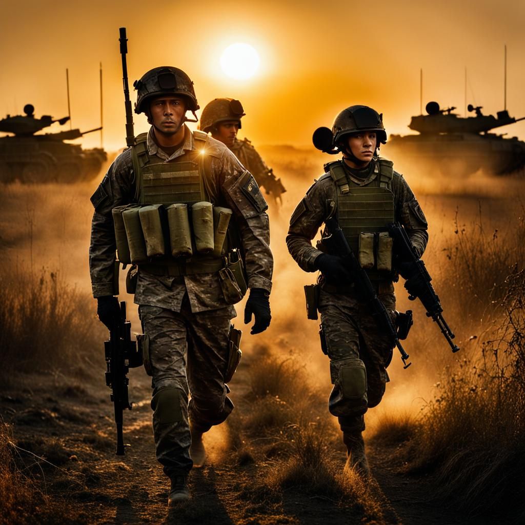 Soldiers Walk Through Battle-Scarred Field at Sunset