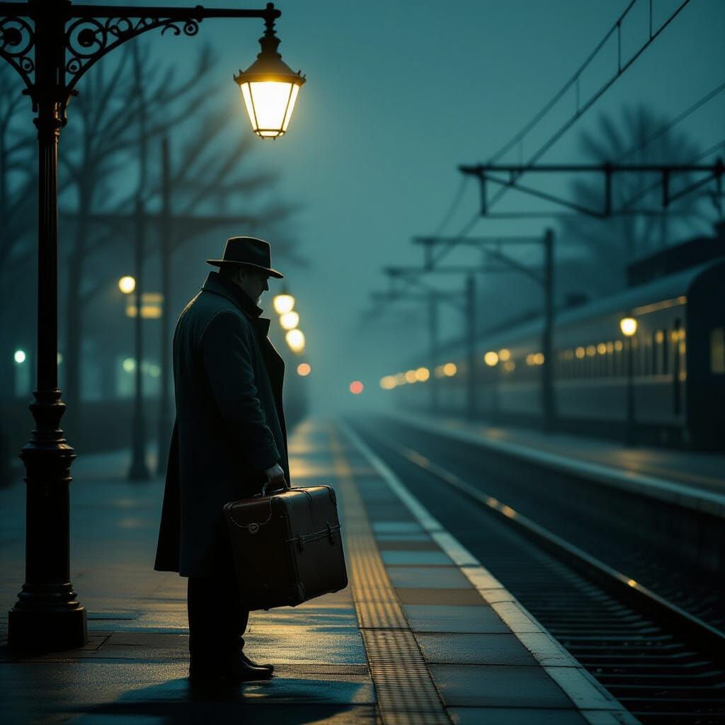 Worried Man on Train Platform in Cinematic Realism