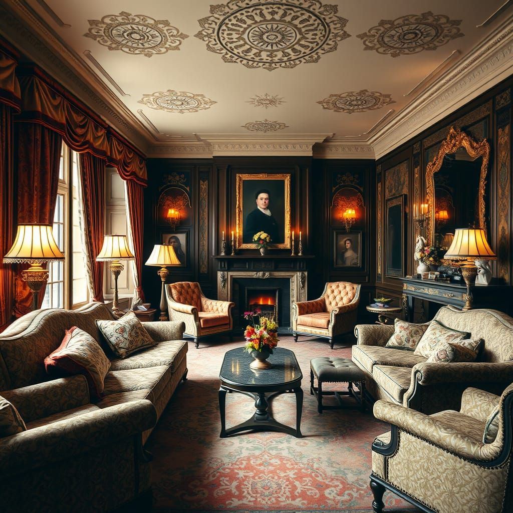 Elegant Victorian Drawing Room with Luxurious Textures and W...