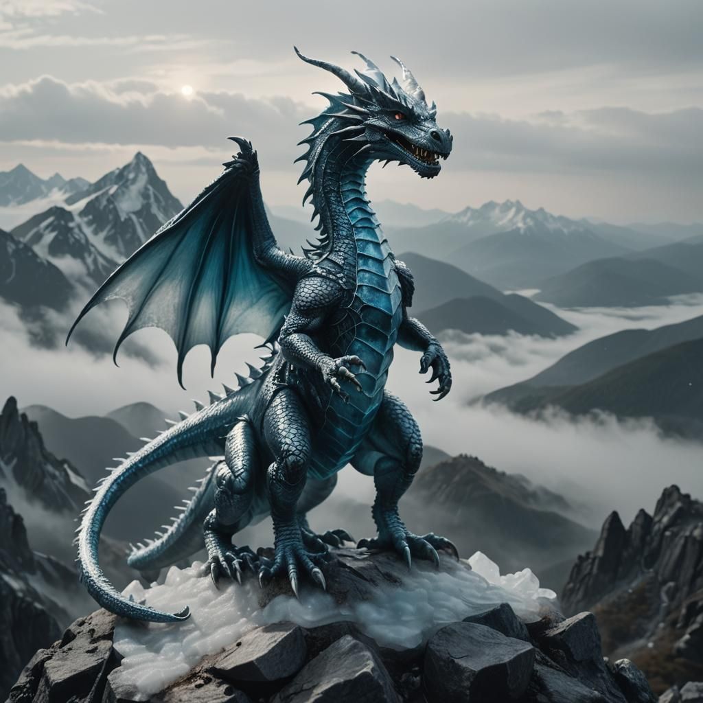 Glass Dragon on Misty Peak: Cinematic Film Still