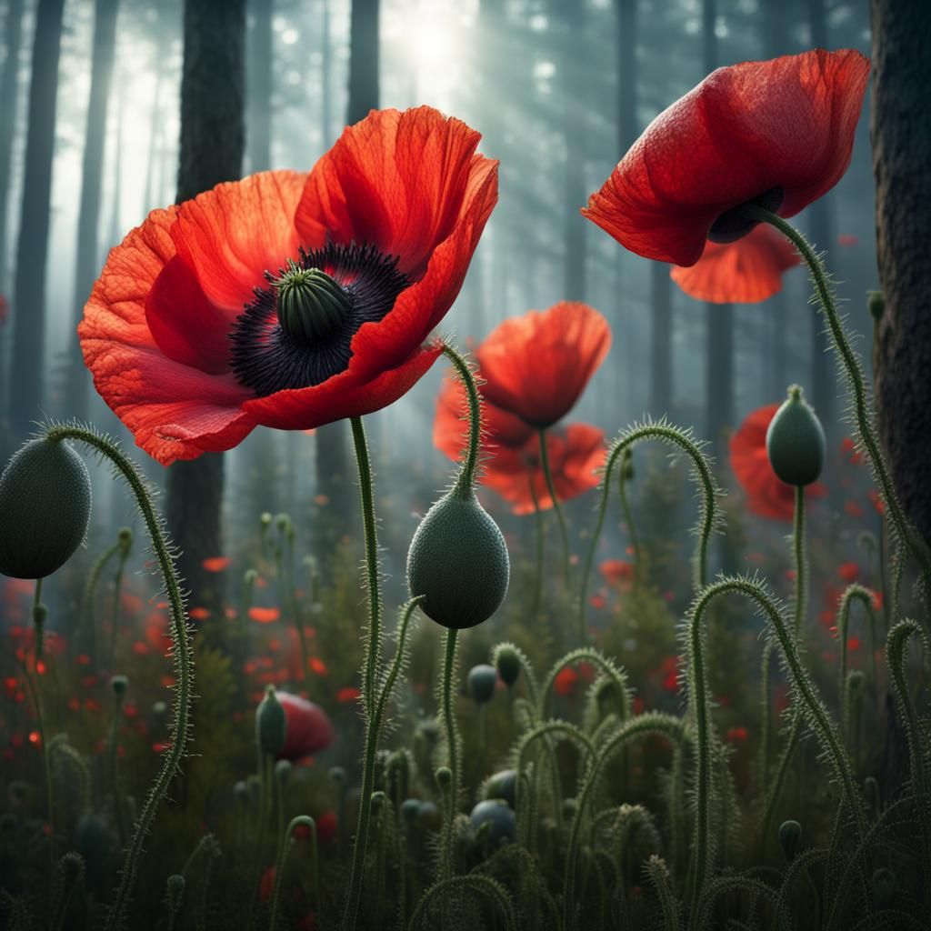 Dew-Kissed Red Poppies in Forest: Digital Matte Painting