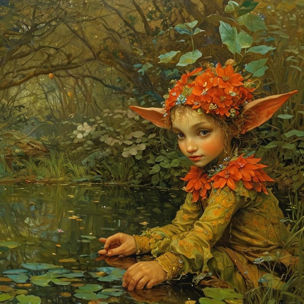 Flower Elf Mirrored in Pond: Digital Art