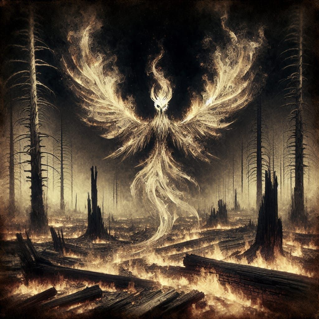 Ethereal Ash Creature in Charred Forest: Antique Watercolor