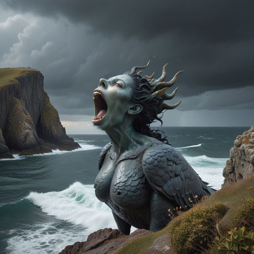 Siren Overlooking a Sinking Ship in Hyperrealism