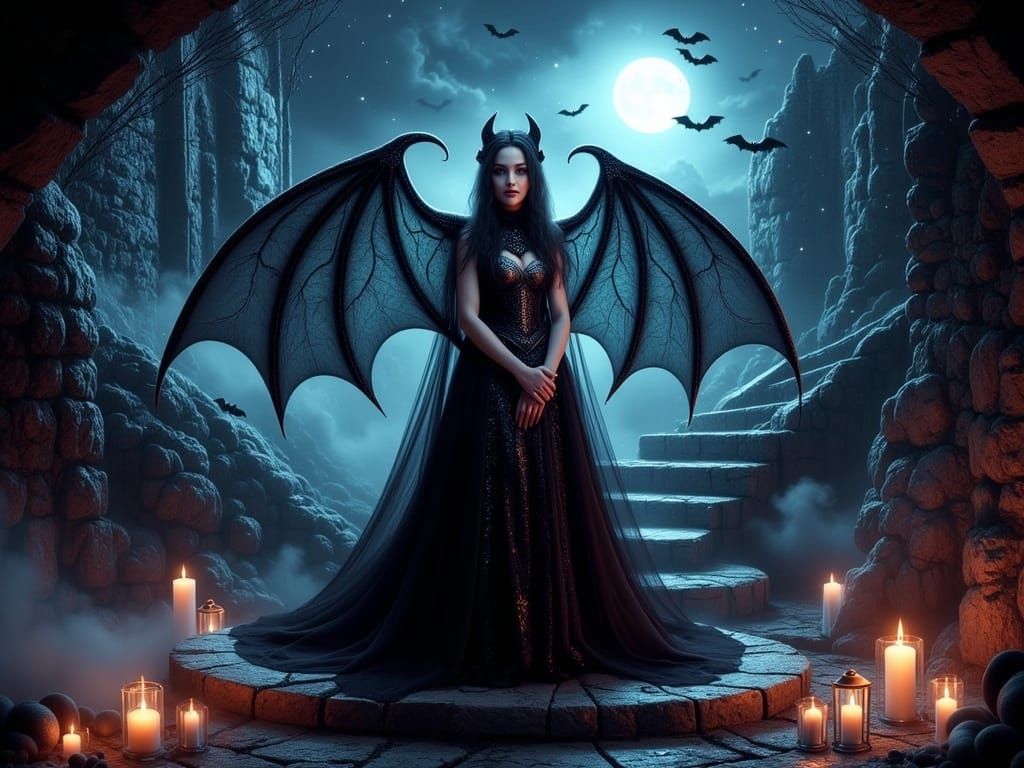 Vampire Queen with Bat Wings in Eerie Castle