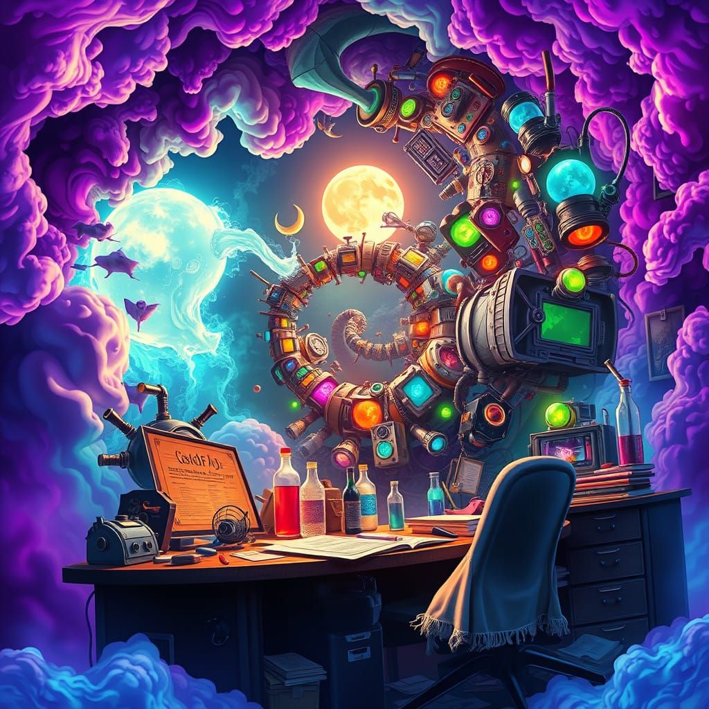 Mad Scientist Constructs Vibrant, Glowing Gadgets Amidst Whi...