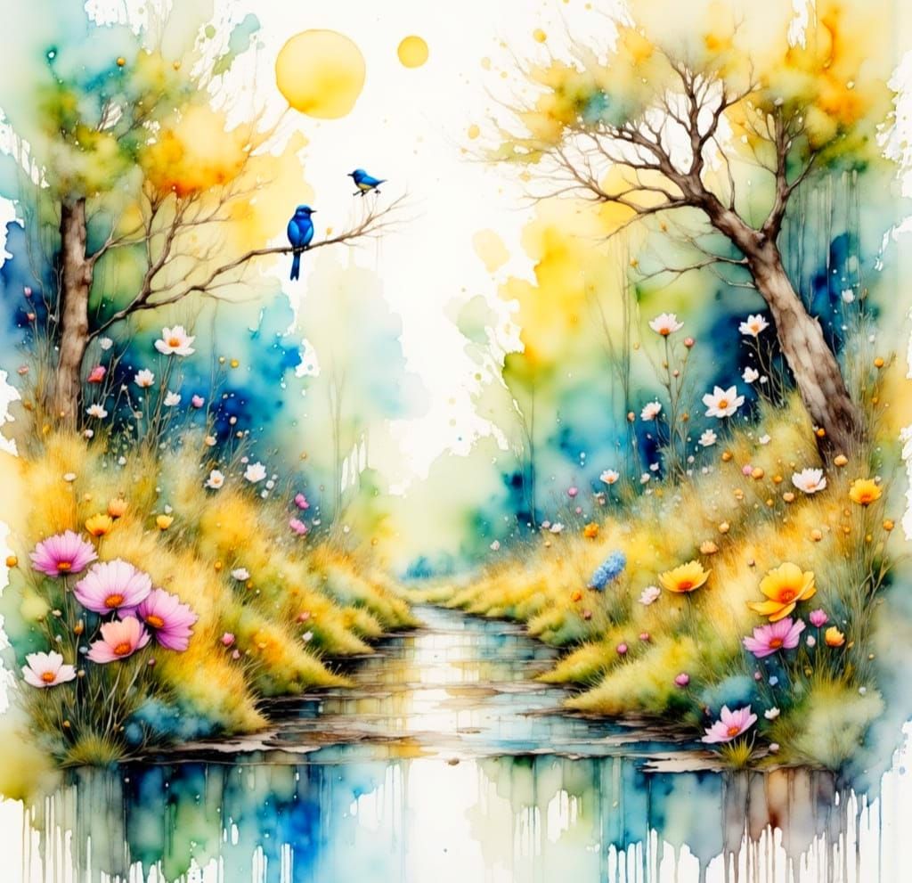 Watercolor Valley Scene with Shimmering Light and Wildflower...