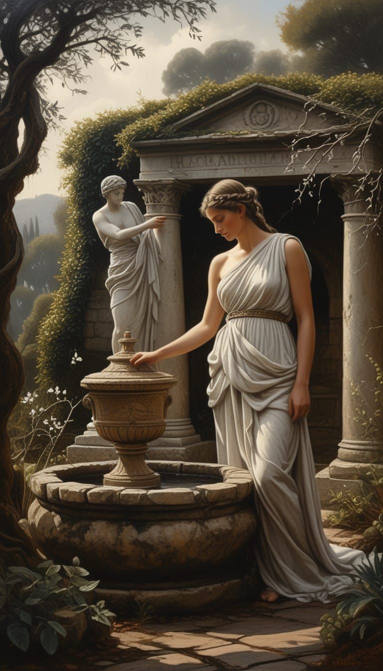 Roman Woman by Stone Well in Misty Garden Oil Painting