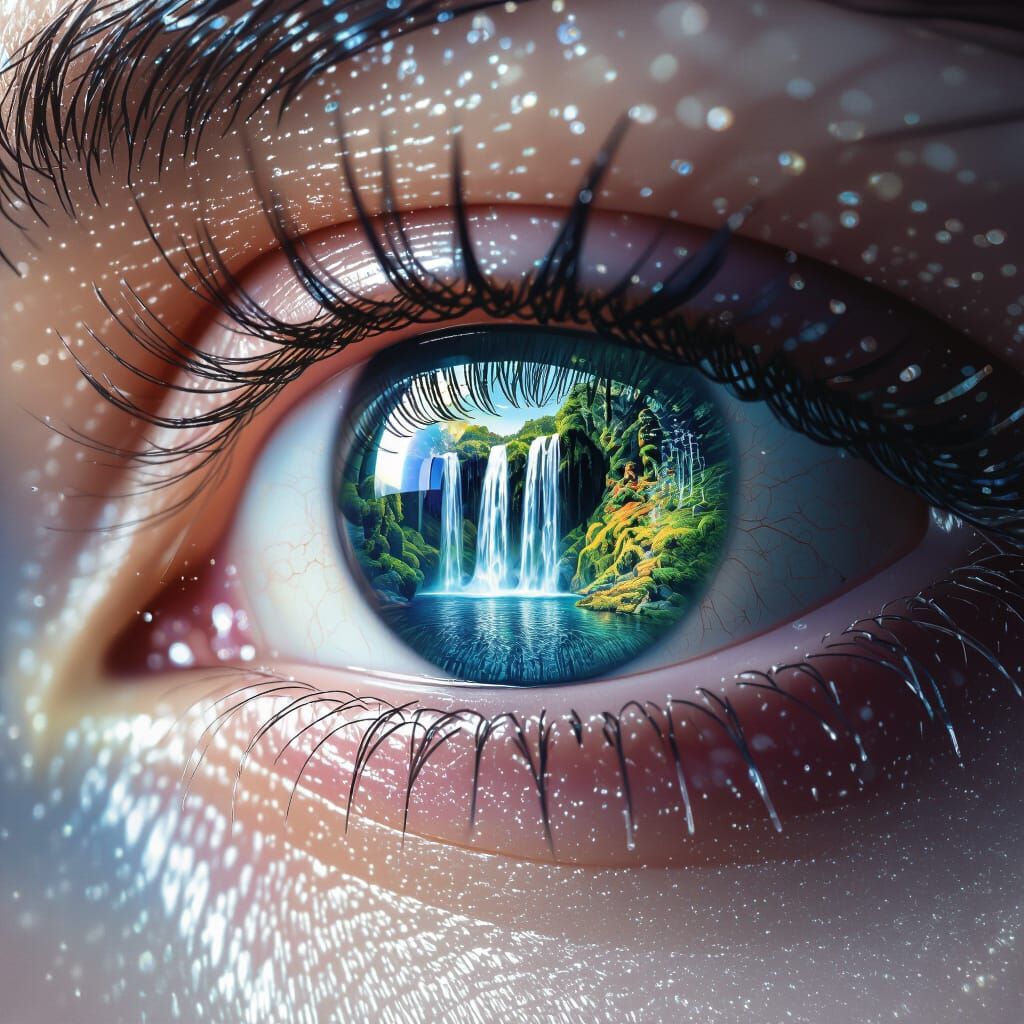 Hyperrealistic Eye Reflecting Waterfall, Splash Art Style
