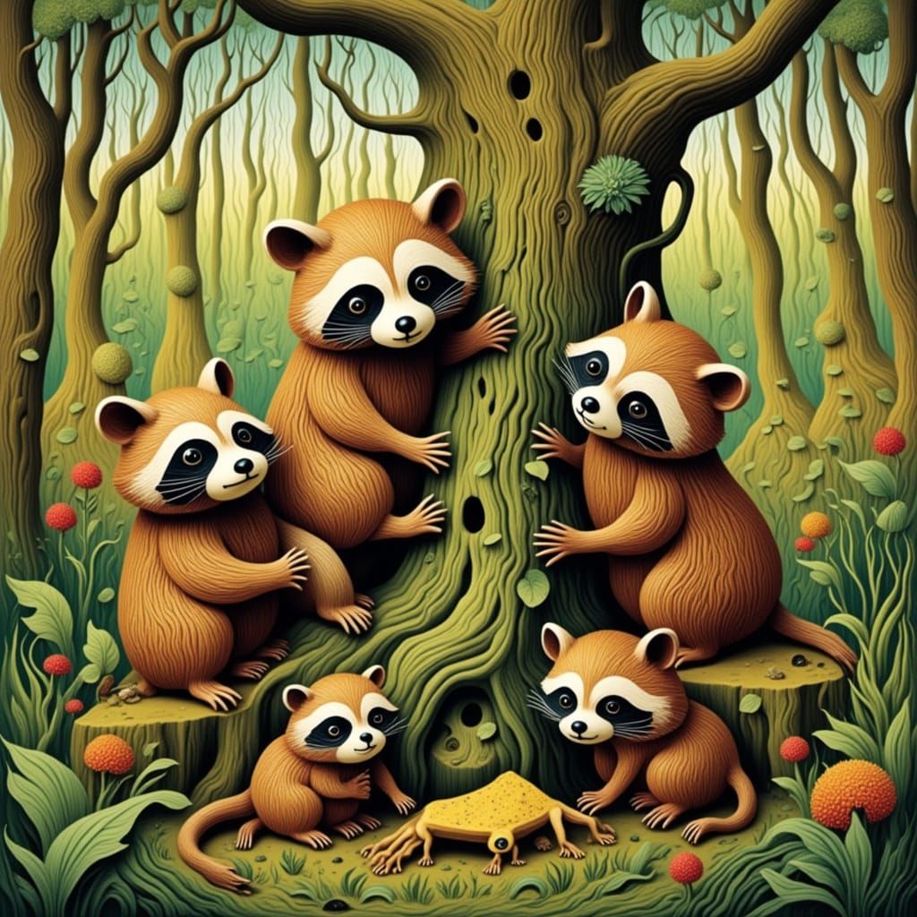 Woodcut Whimsy: Raccoon Family Climbs a Tree